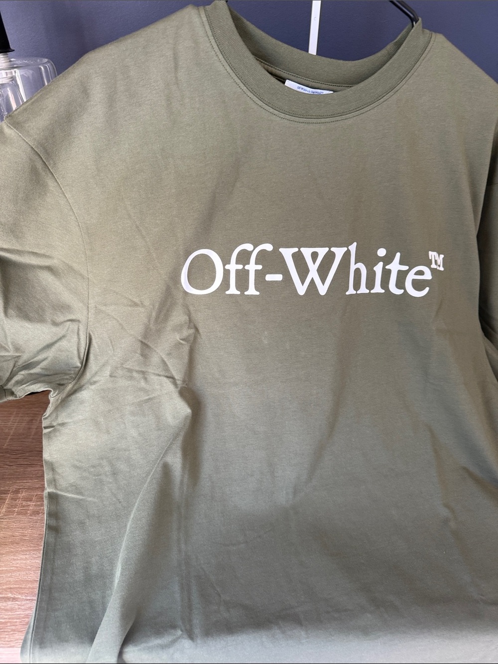 Off-White Olive Green w/ White Logo T, Sz M, COA included PTP 22.5 NWT